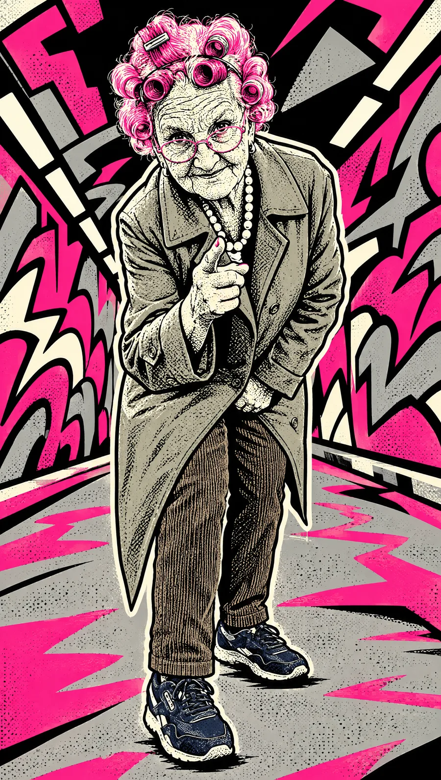 Gladys in a long coat in a graffiti tunnel
