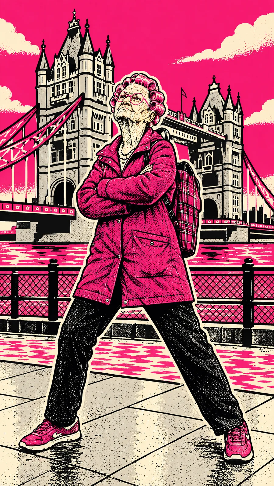 Gladys in a maroon raincoat by the Thames
