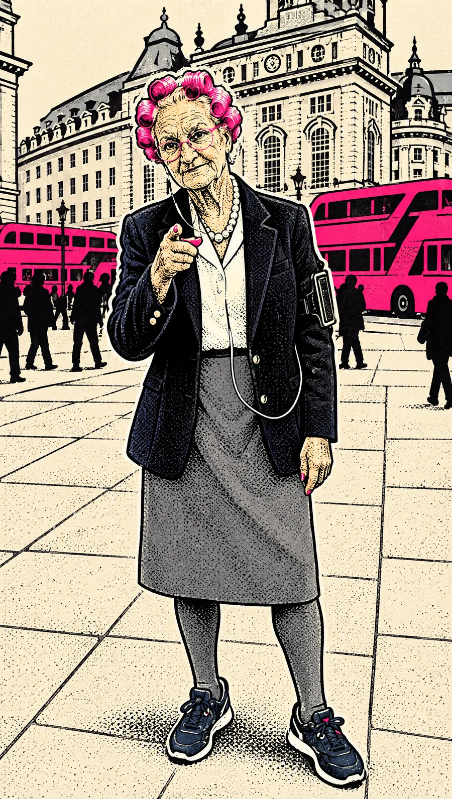 Gladys in a navy blazer at Piccadilly Circus
