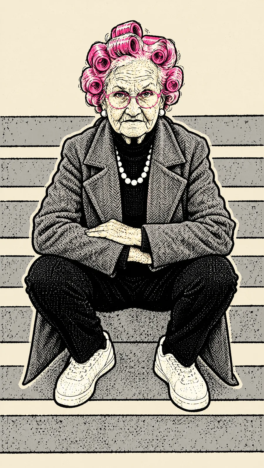 Gladys crouched on wide stone steps